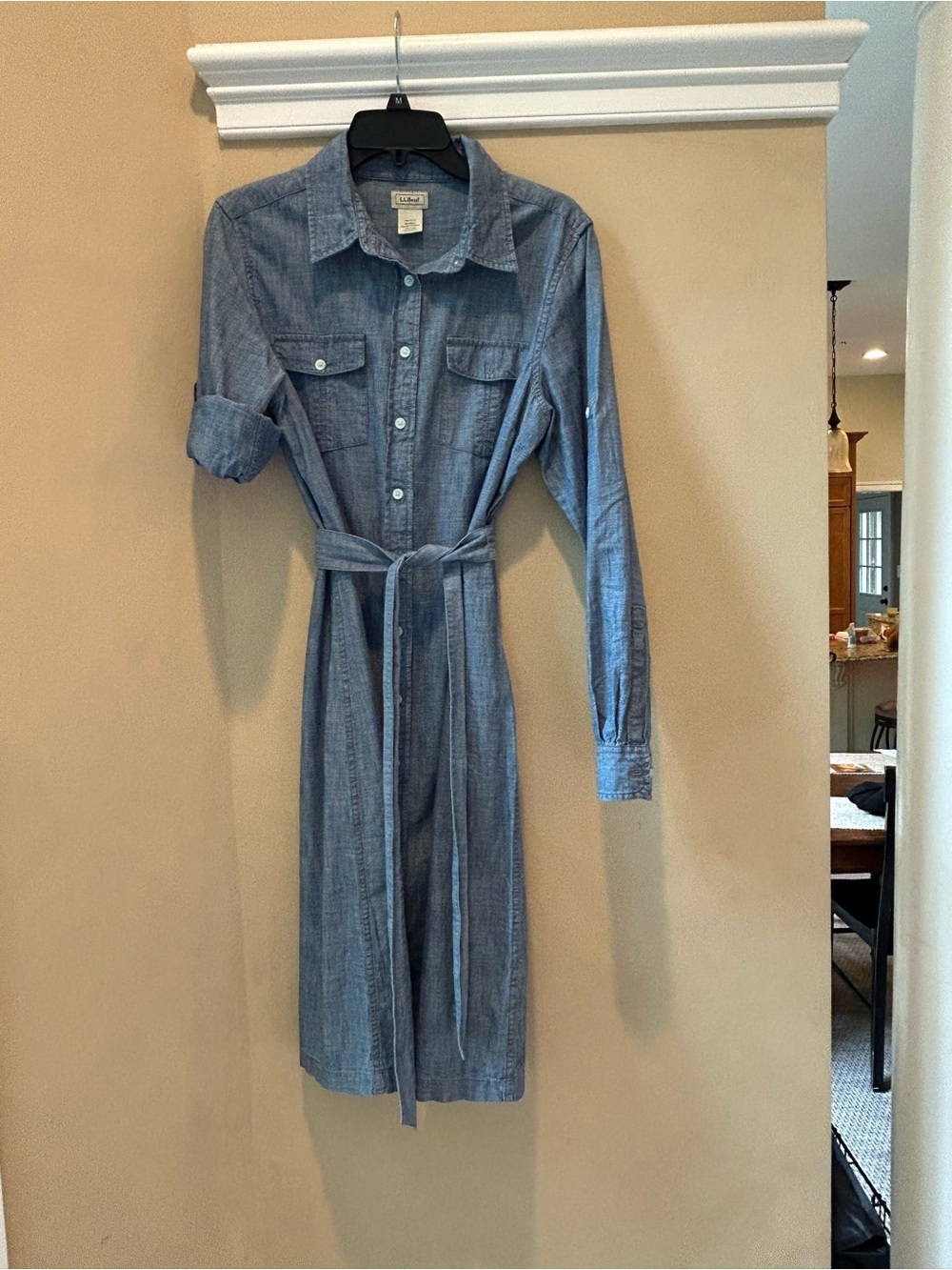 L.L. Bean Light Blue Chambray Long-Sleeve Shirt Dress with Waist Tie